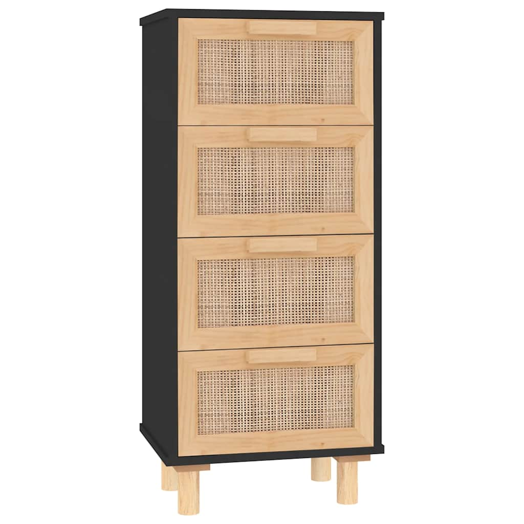 Buffet Noir 40x30x90 cm Bois de pin massif et rotin naturel