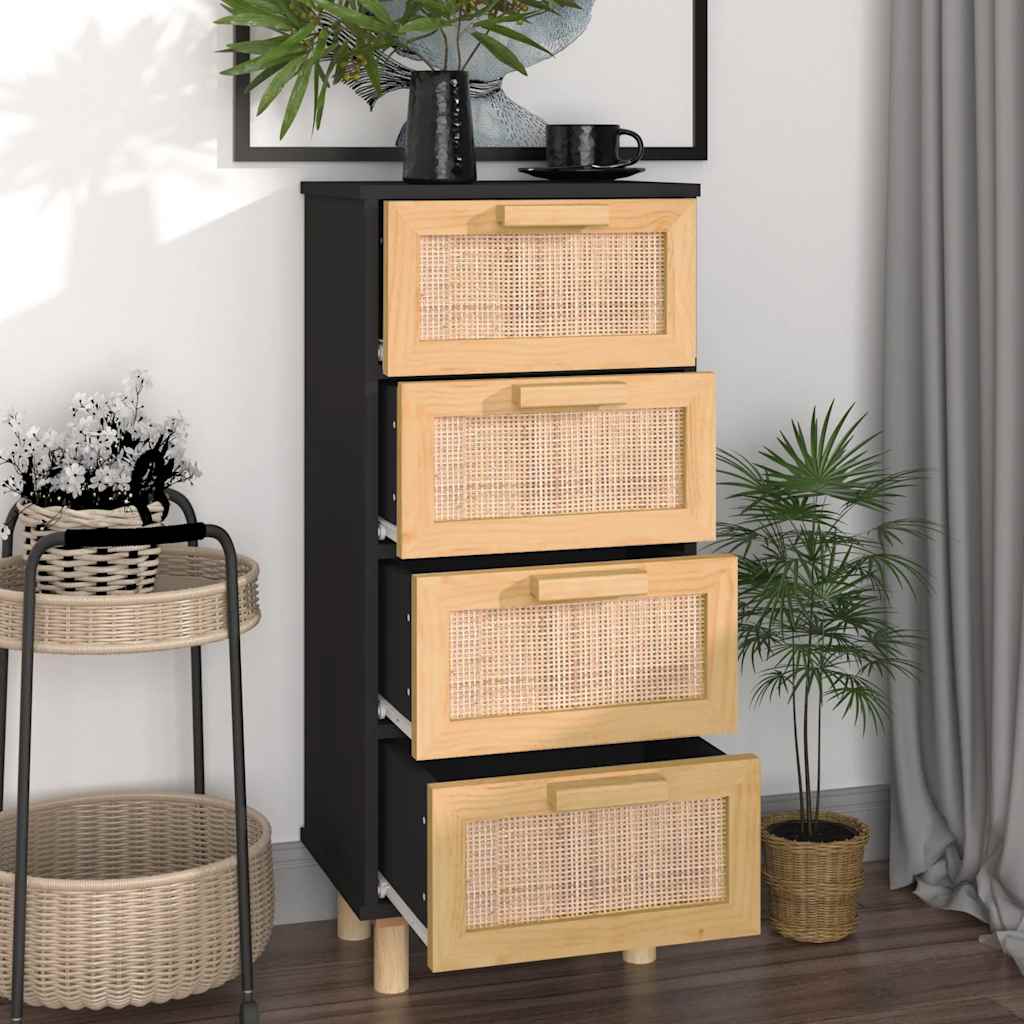 Buffet Noir 40x30x90 cm Bois de pin massif et rotin naturel