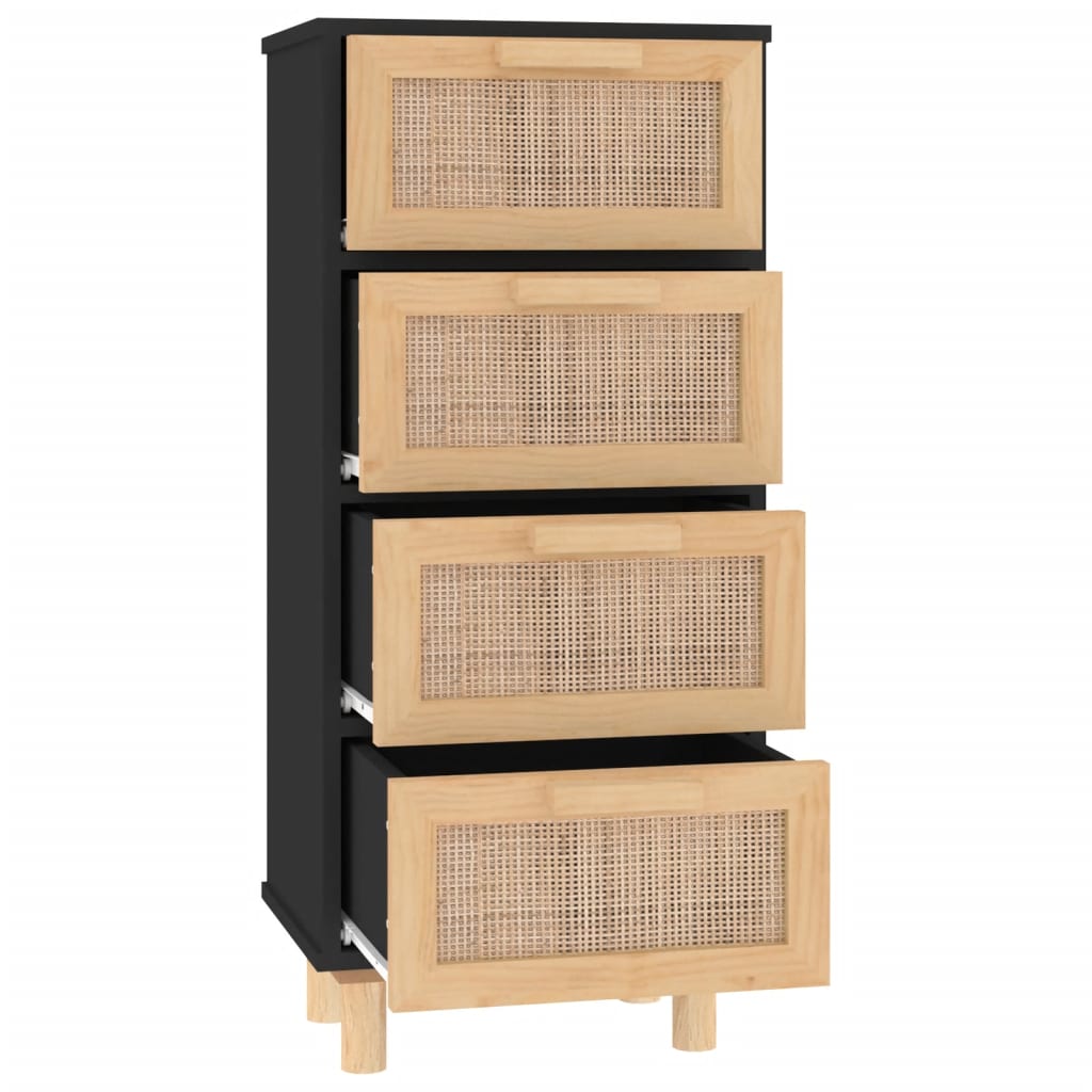 Buffet Noir 40x30x90 cm Bois de pin massif et rotin naturel