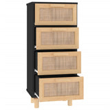 Buffet Noir 40x30x90 cm Bois de pin massif et rotin naturel