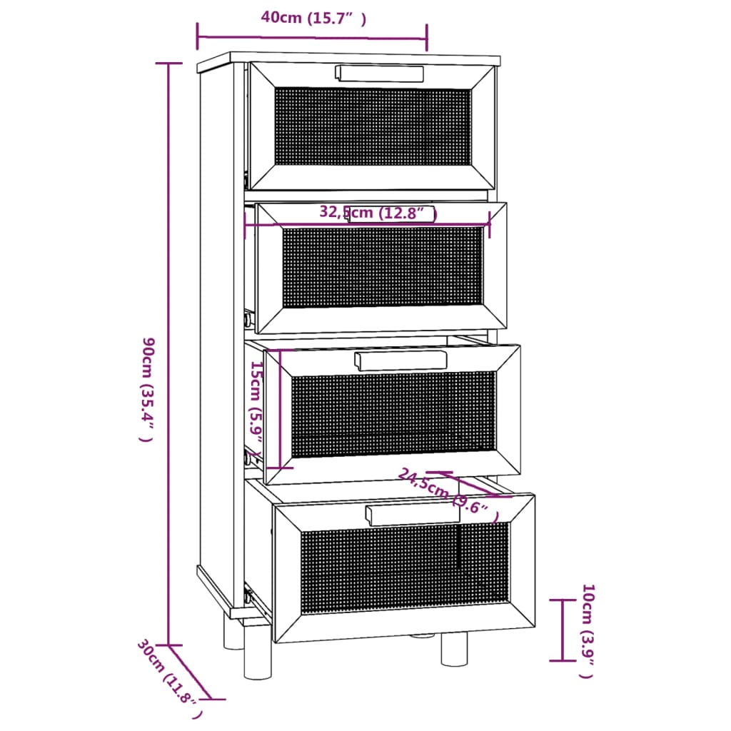 Buffet Marron 40x30x90 cm Bois de pin massif et rotin naturel