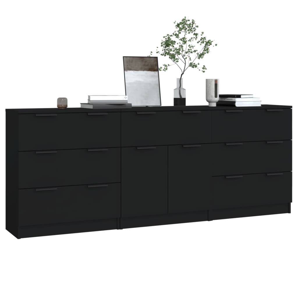 Buffets 3 pcs noir bois d'ingénierie