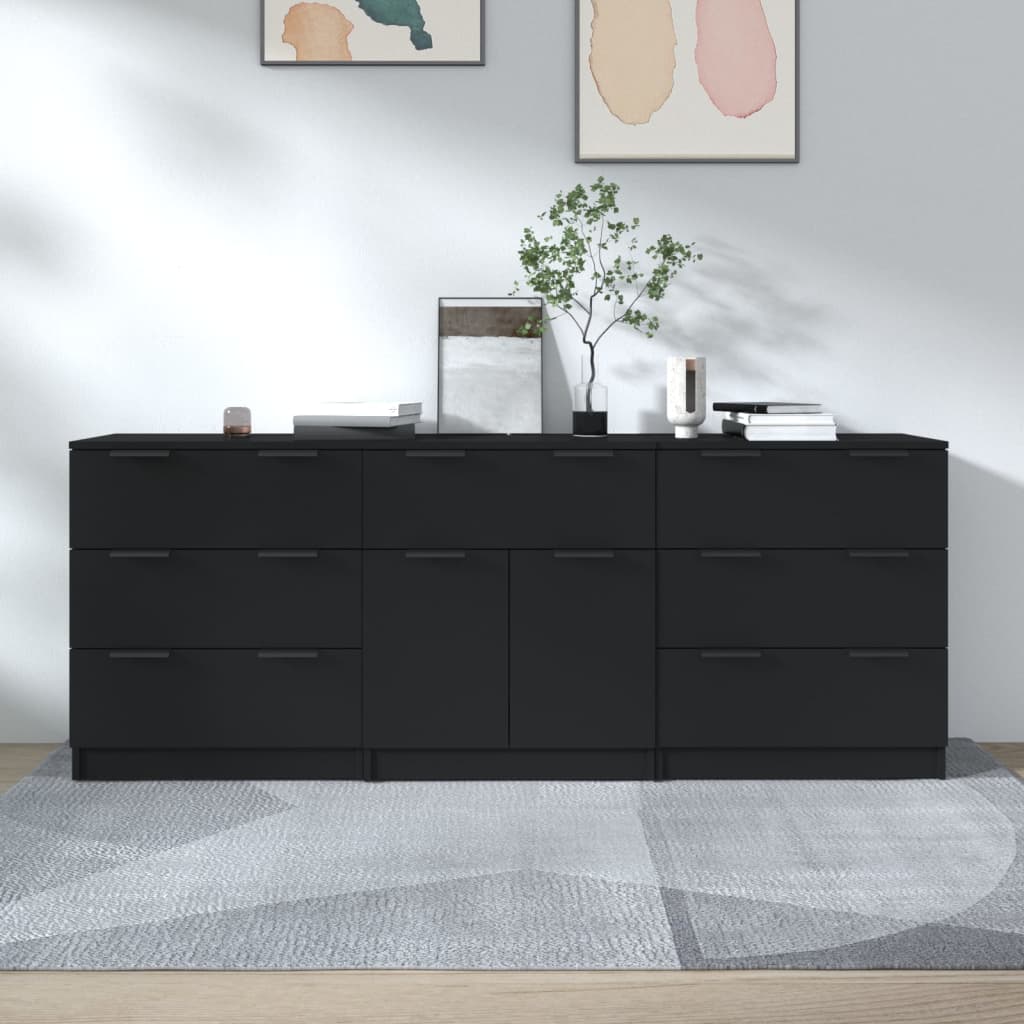 Buffets 3 pcs noir bois d'ingénierie