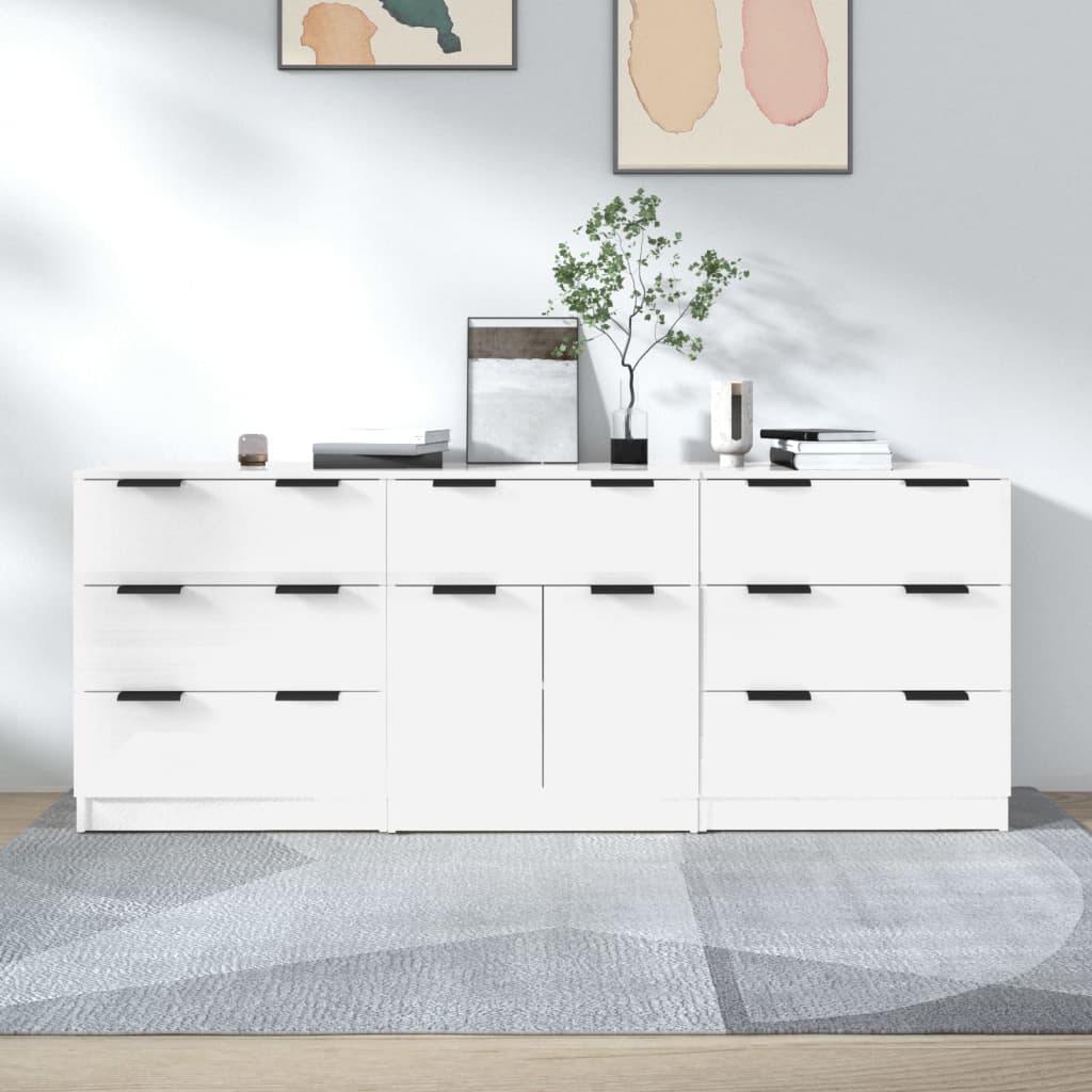 Buffets 3 pcs blanc brillant bois d'ingénierie