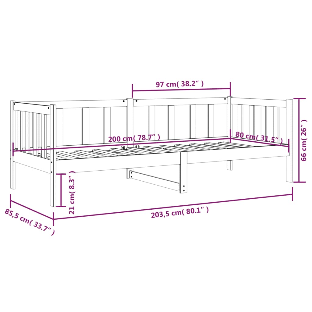 Tagesbett ohne Matratze 80x200 cm aus massivem Kiefernholz