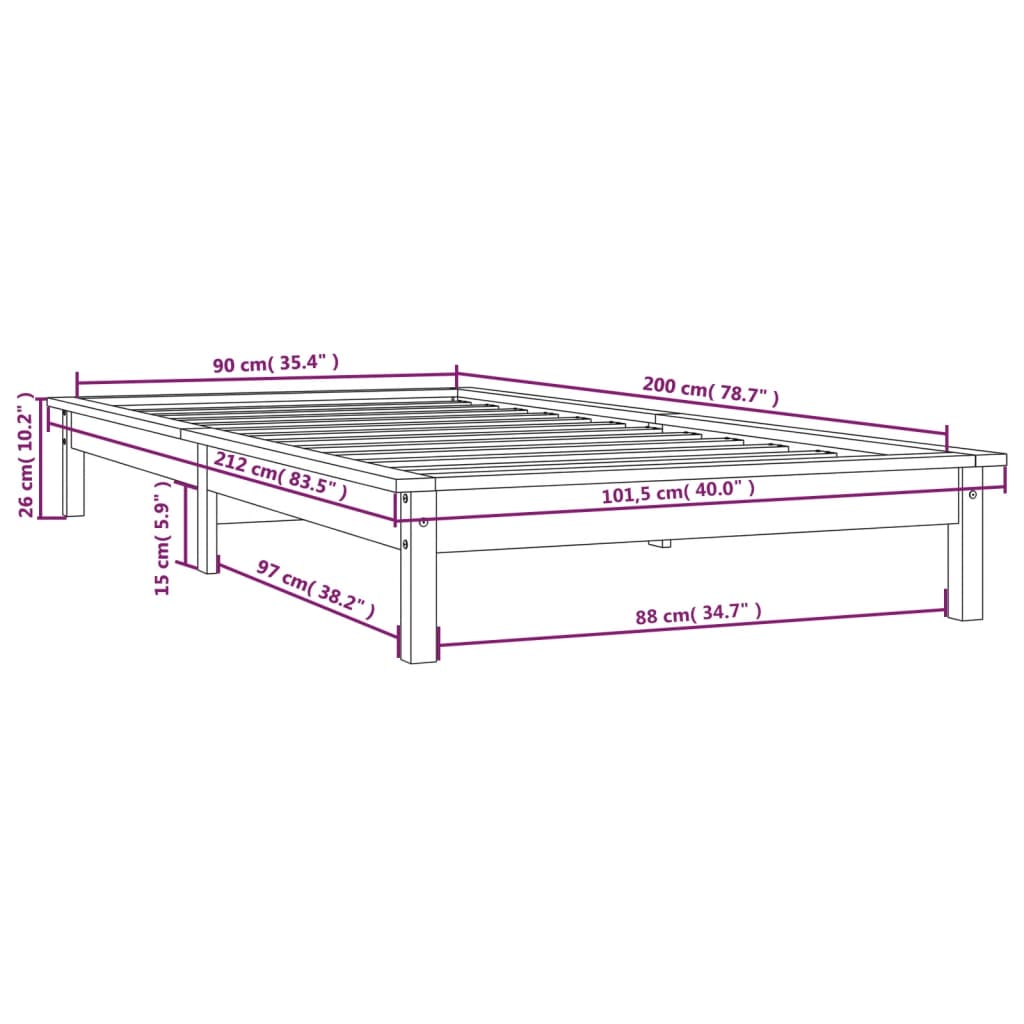 Cadre de lit sans matelas gris 90x200 cm bois massif