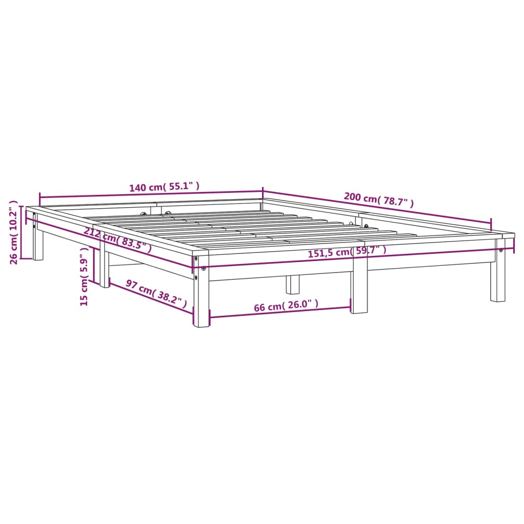 Cadre de lit sans matelas gris 140x200 cm bois massif