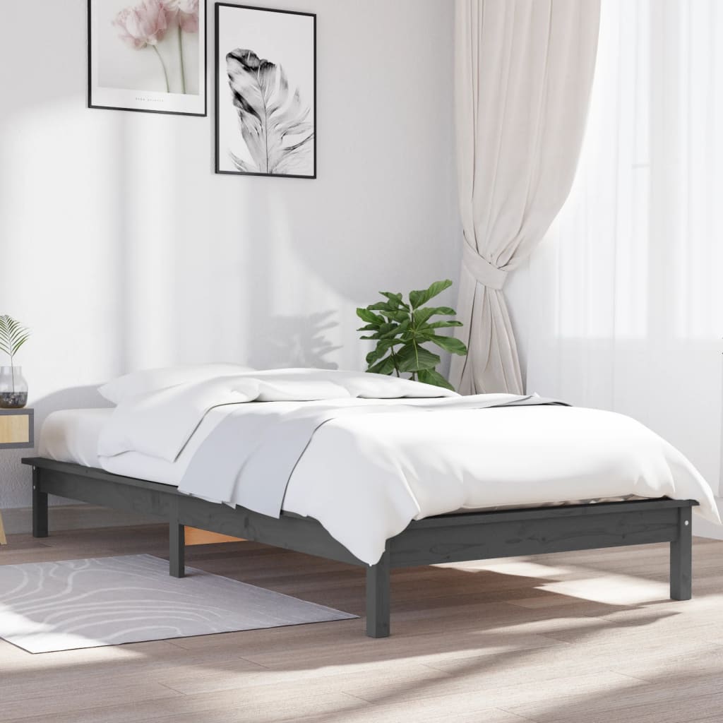 Cadre de lit sans matelas gris bois massif