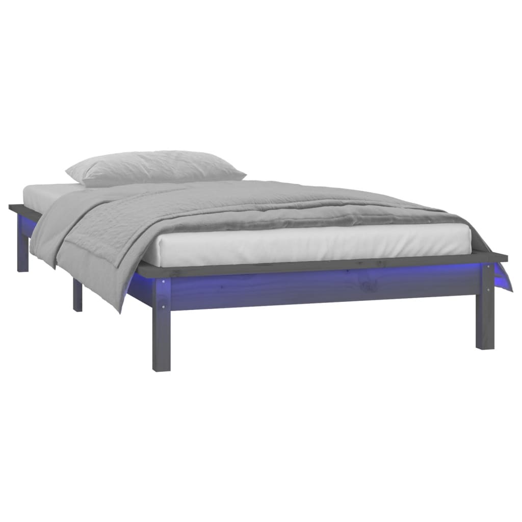 Cadre de lit à LED sans matelas gris 90x200 cm bois massif