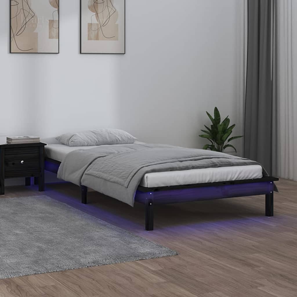 Cadre de lit à LED sans matelas noir 90x200 cm bois massif