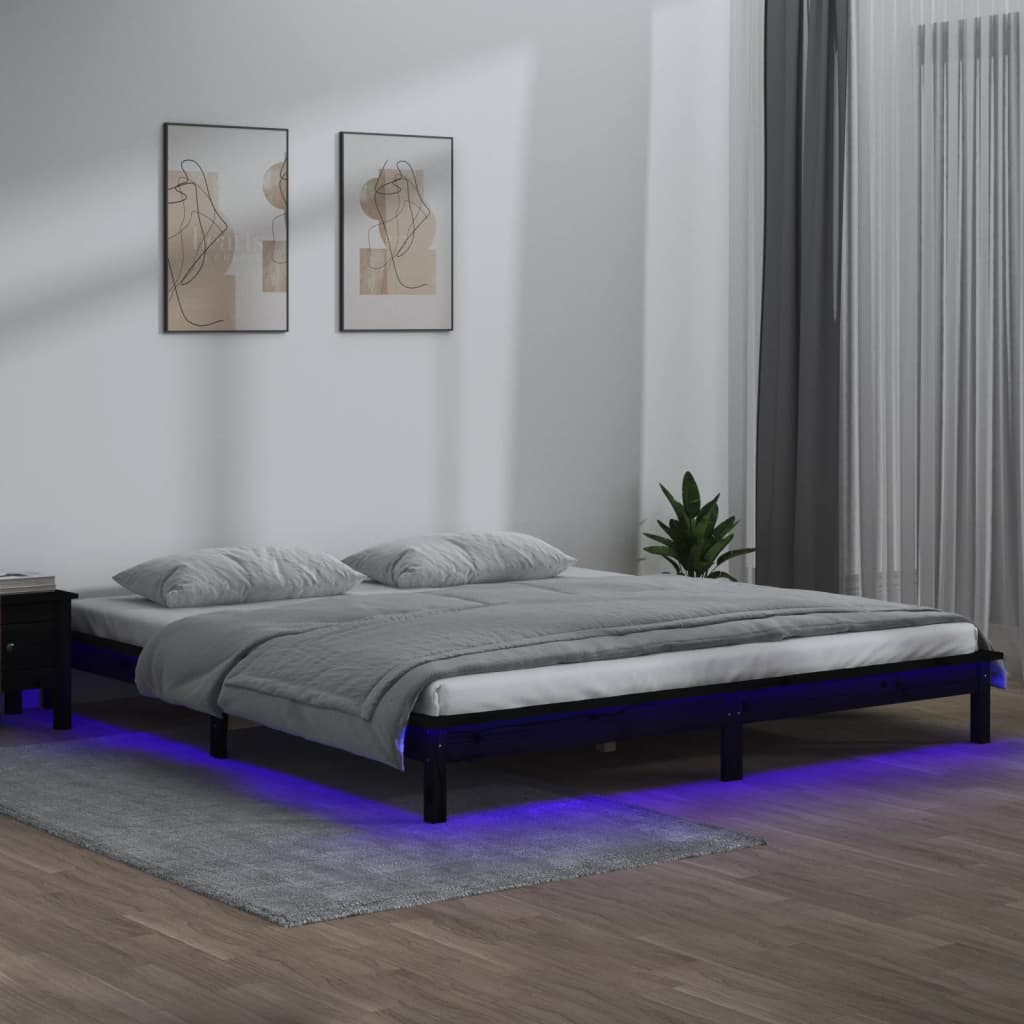 Cadre de lit à LED sans matelas noir 200x200 cm bois massif