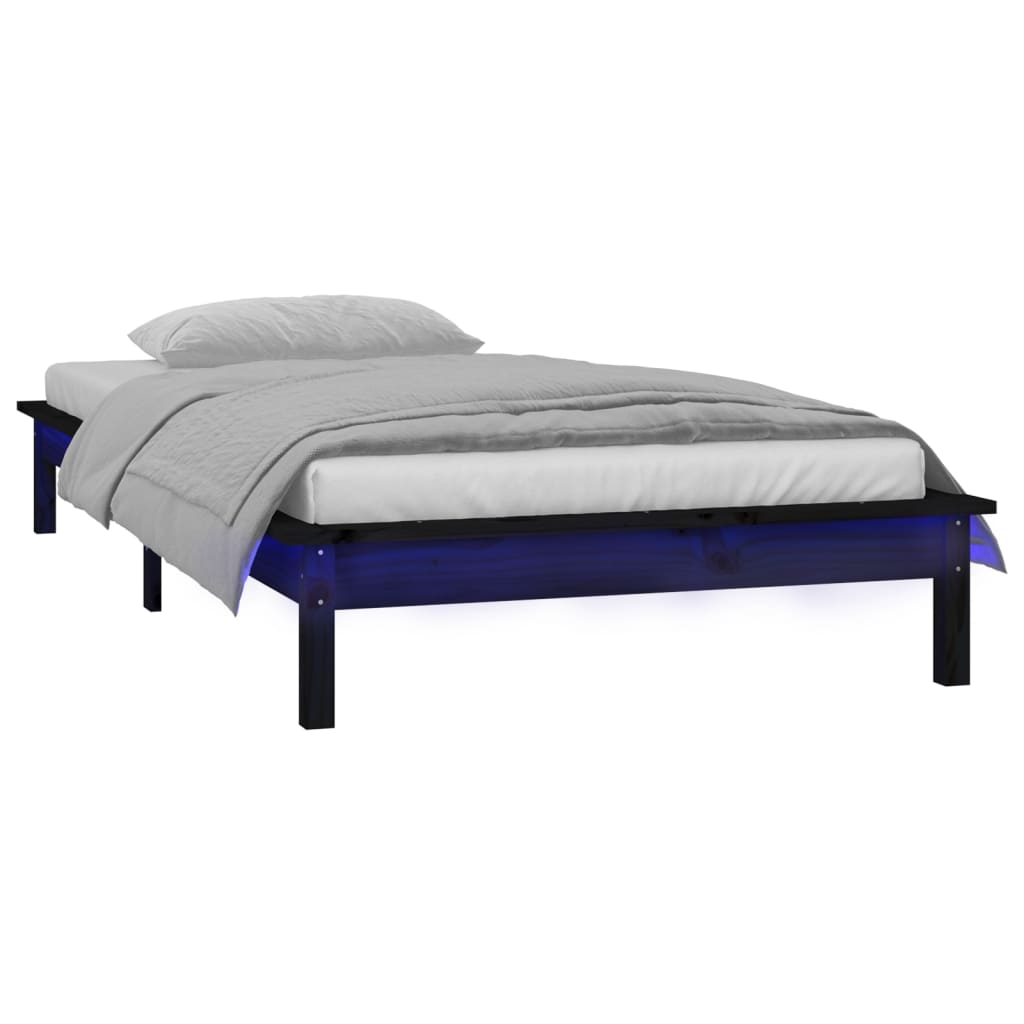 Cadre de lit à LED sans matelas noir 75x190 cm bois massif