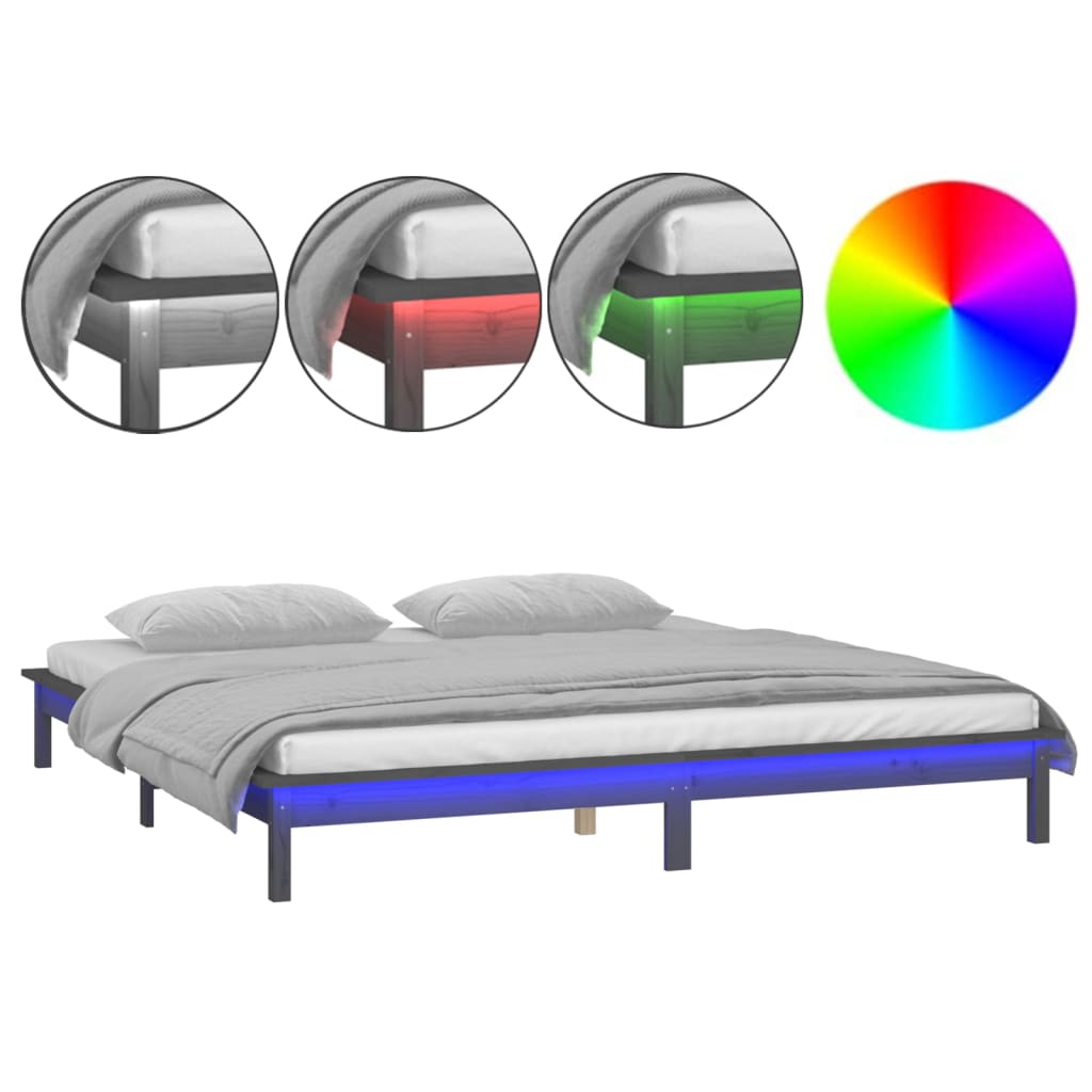 Cadre de lit à LED sans matelas gris 135x190 cm bois massif