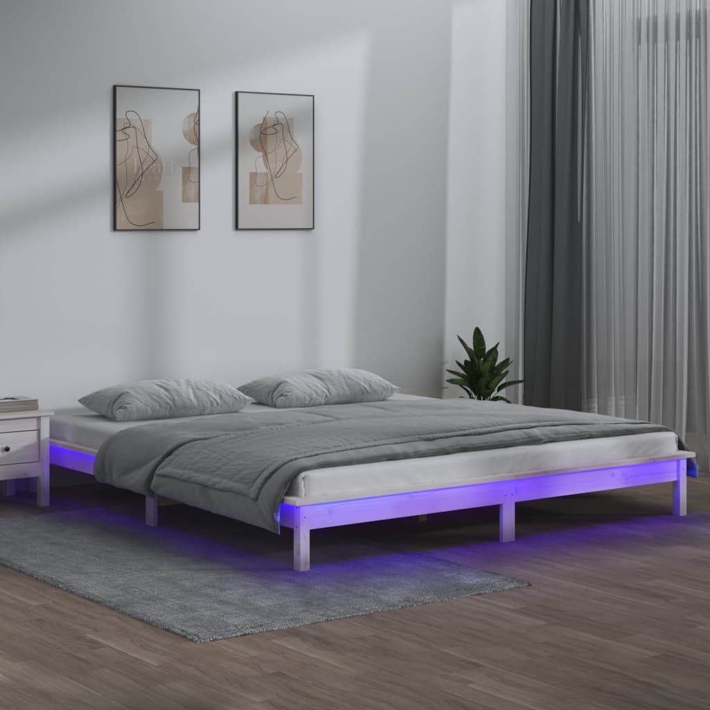 LED bed frame without mattress white 140x190 cm solid wood