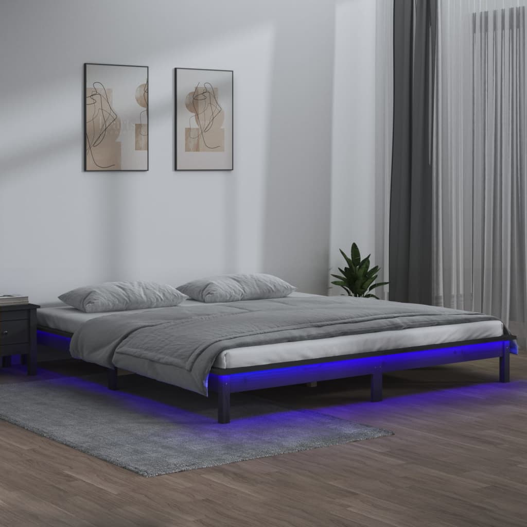 Cadre de lit à LED sans matelas gris 140x190 cm bois massif