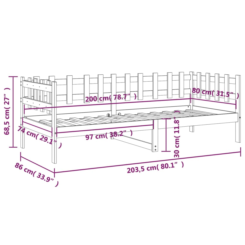 Lit de jour sans matelas noir 80x200 cm bois de pin massif