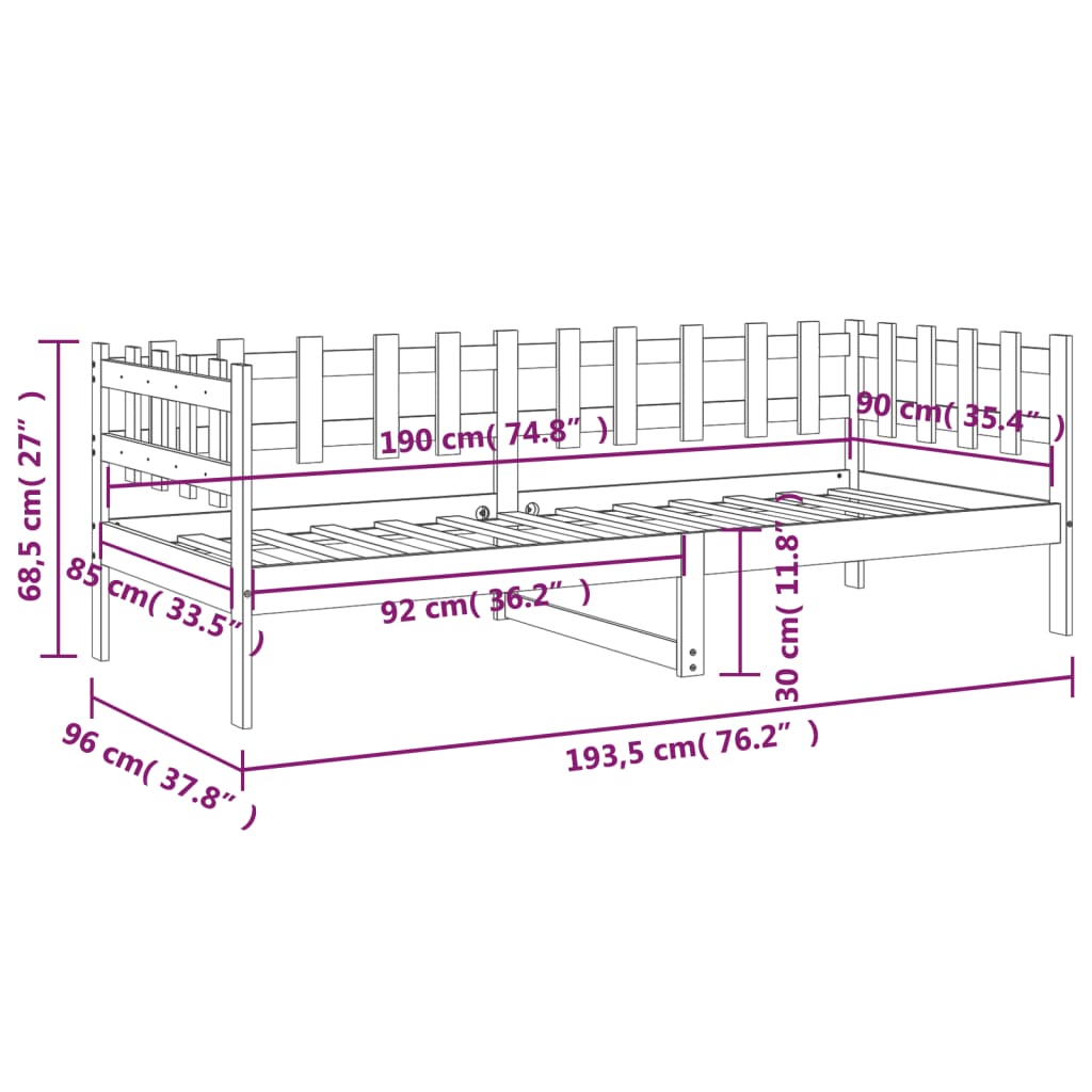 Lit de jour sans matelas noir 90x190 cm bois de pin massif