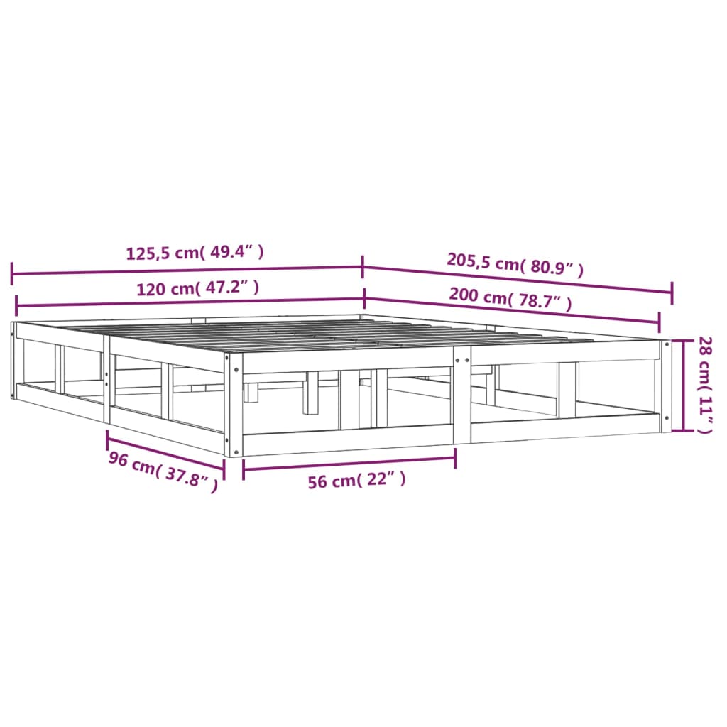 Cadre de lit sans matelas noir 120x200 cm bois massif