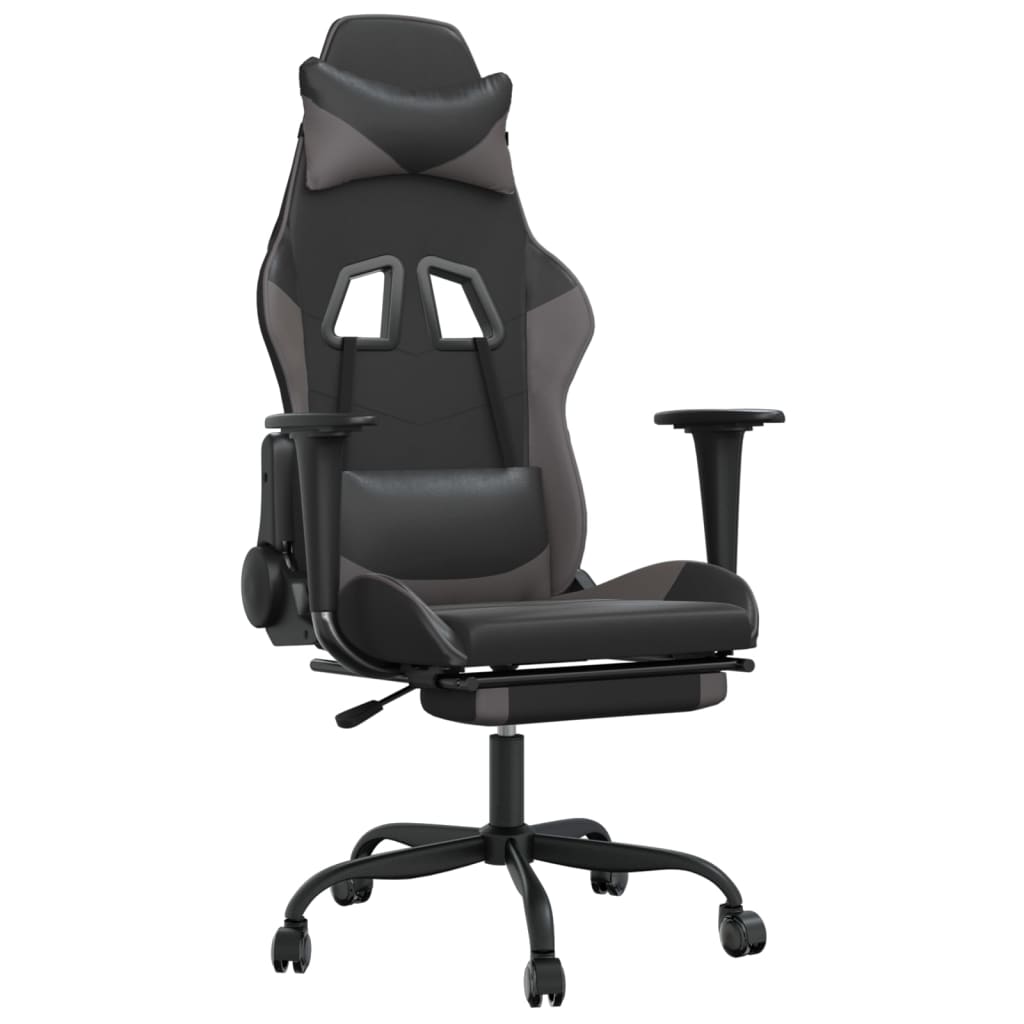 Massage Gaming Chair with Footrest Black&amp;Grey Faux Leather