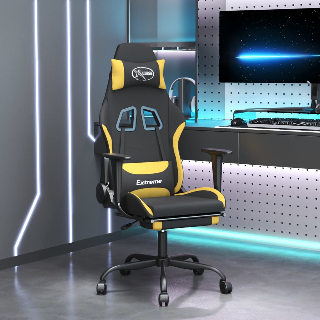 Massage Gaming Chair with Footrest Black and Yellow Fabric