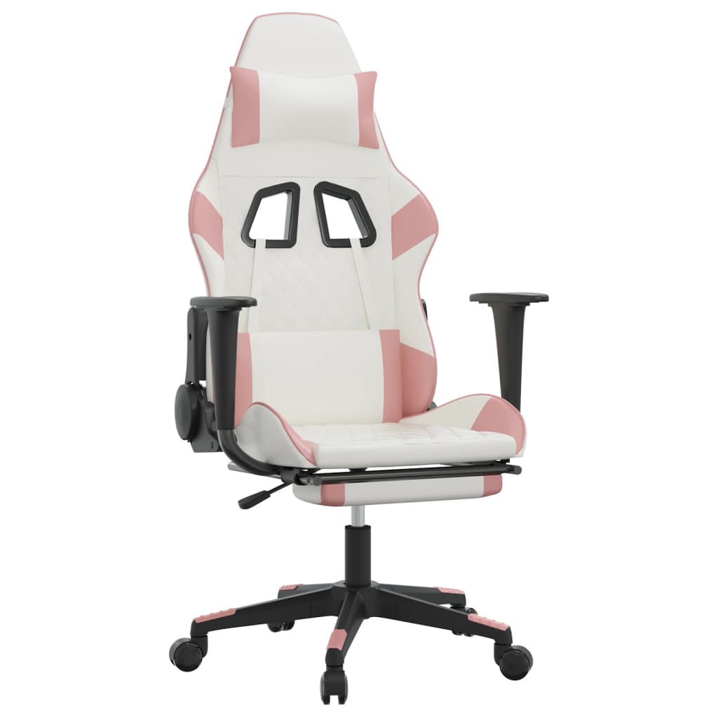 Massage Gaming Chair with Footrest White&amp;Pink Faux Leather