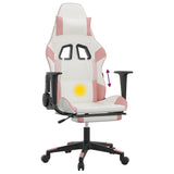 Massage Gaming Chair with Footrest White&amp;Pink Faux Leather