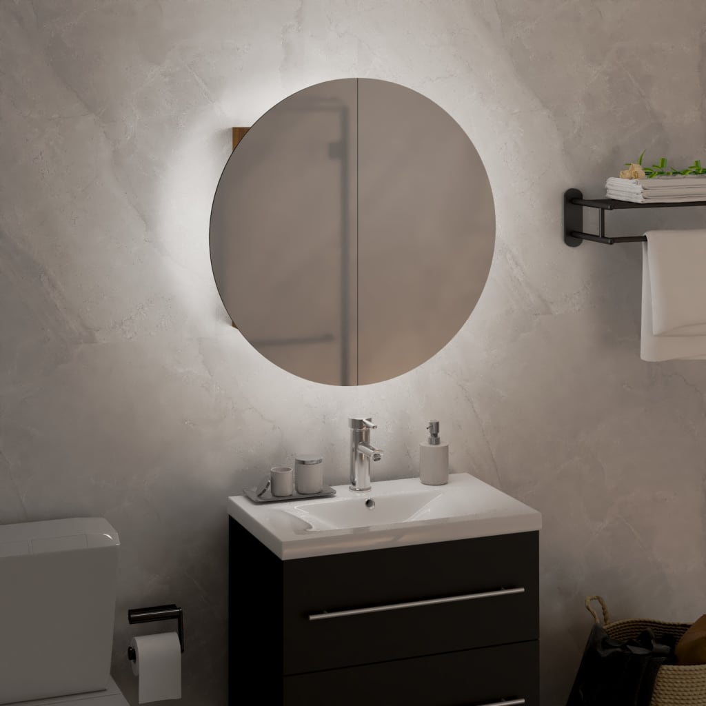 Armoire de salle de bain miroir rond et LED Chêne 40x40x17,5 cm