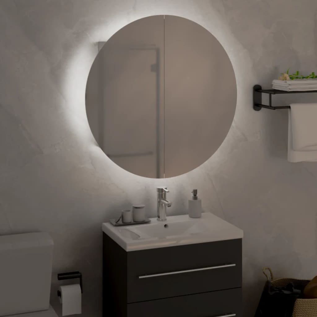 Armoire de salle de bain miroir rond et LED Blanc 47x47x17,5 cm