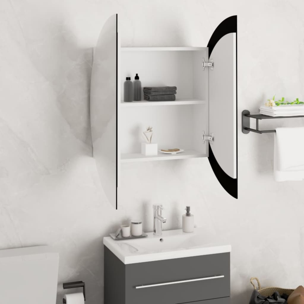 Armoire de salle de bain miroir rond et LED Blanc 54x54x17,5 cm