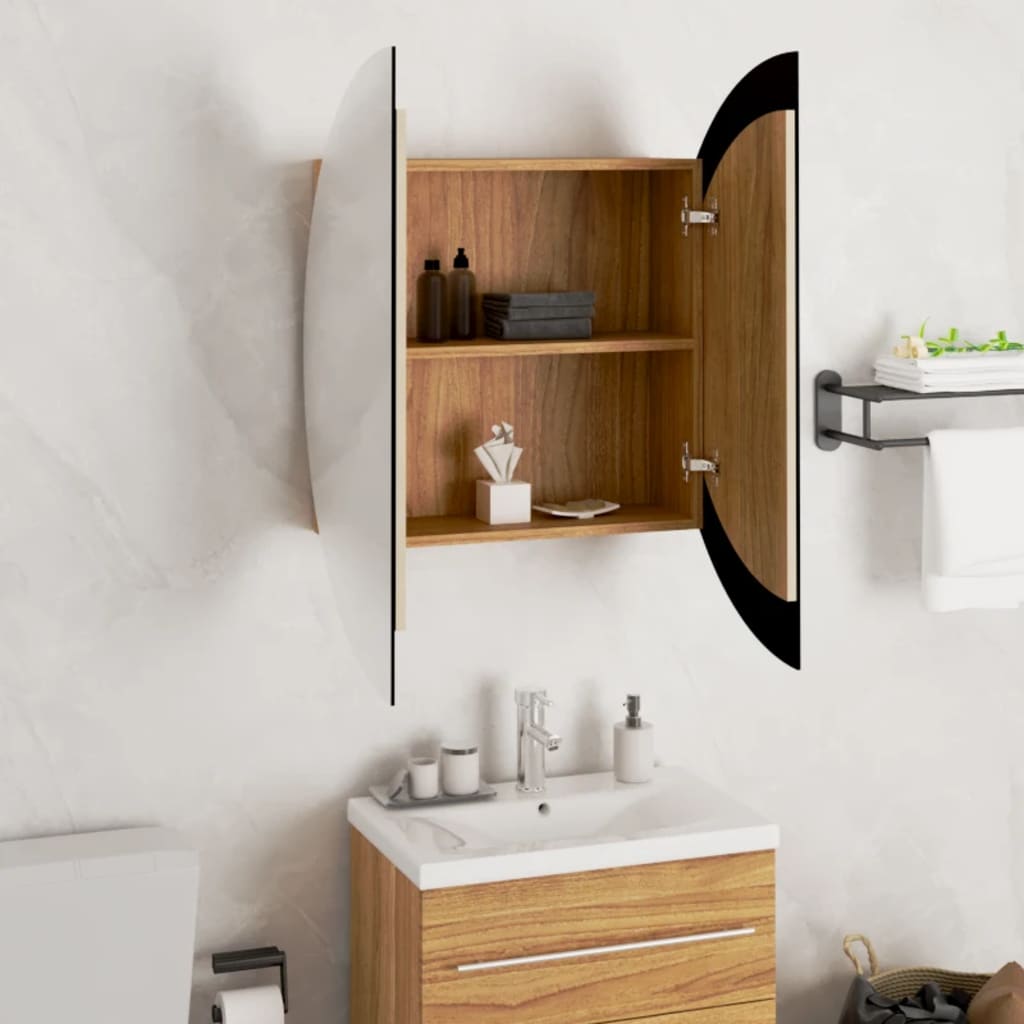 Armoire de salle de bain miroir rond et LED Chêne 54x54x17,5 cm