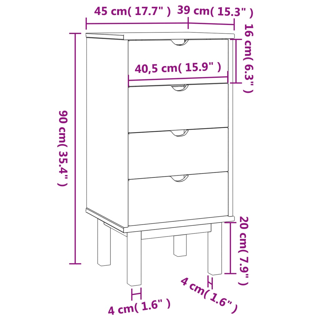 OTTA Kommode 45x39x90 cm massives Kiefernholz