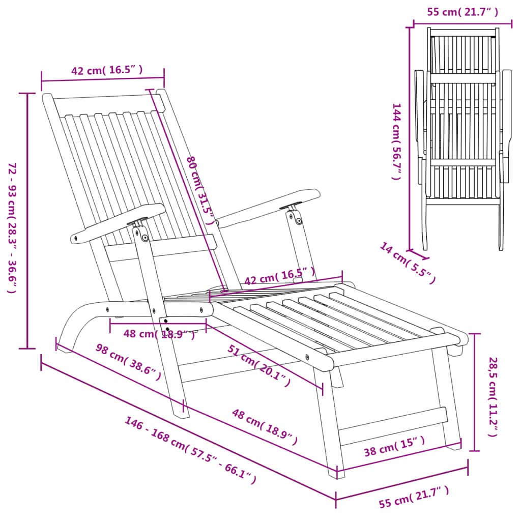 Chaise longue d'extérieur repose-pieds et table Acacia solide