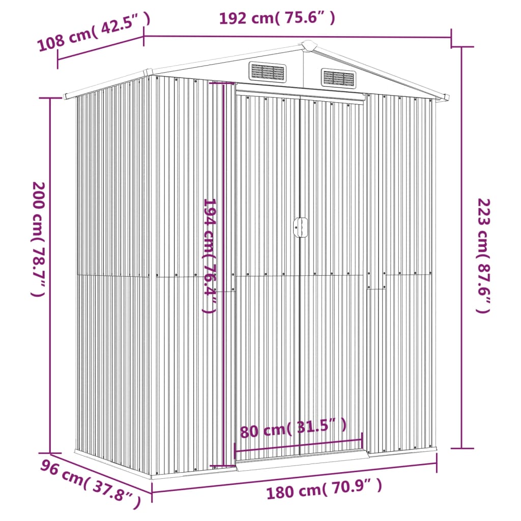 Abri de jardin Gris clair 192x108x223 cm Acier galvanisé