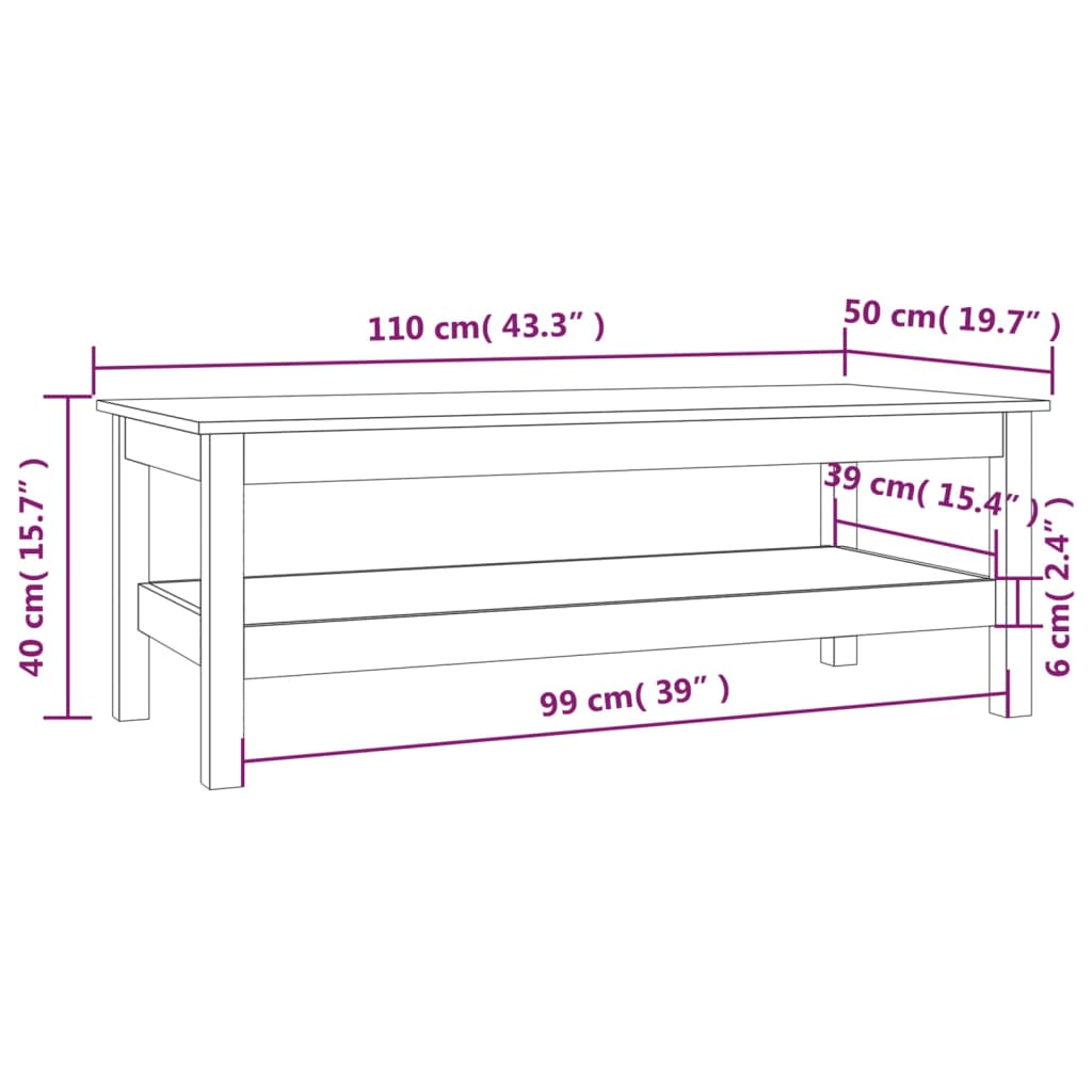 Couchtisch Grau 110x50x40 cm Massives Kiefernholz