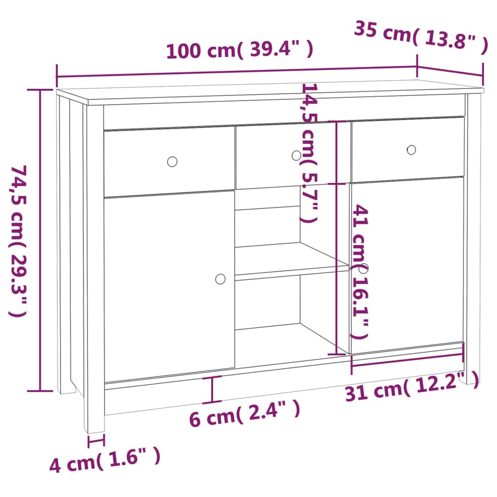 Sideboard 100x35x74,5 cm Massives Kiefernholz