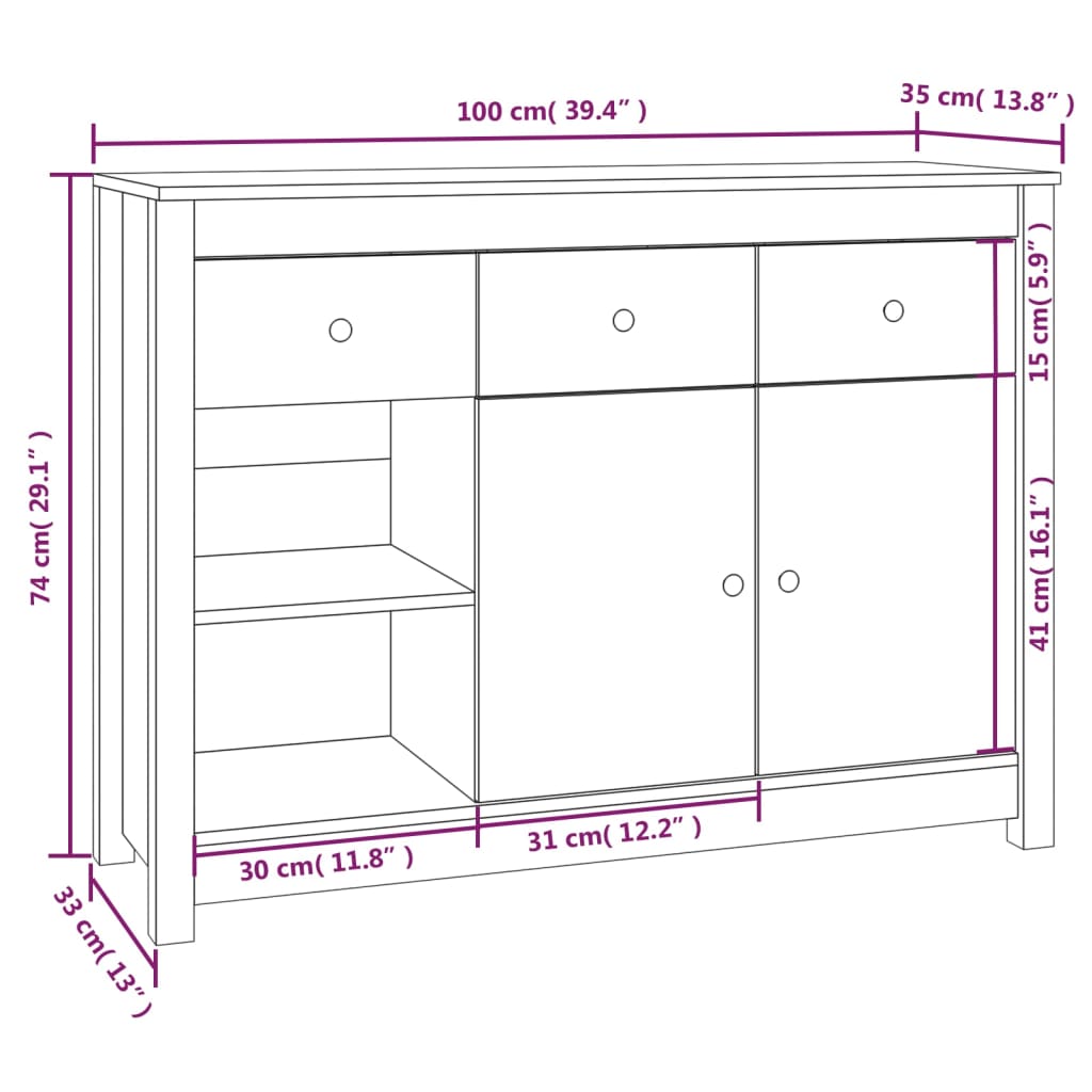 Sideboard 100x35x74 cm Massives Kiefernholz