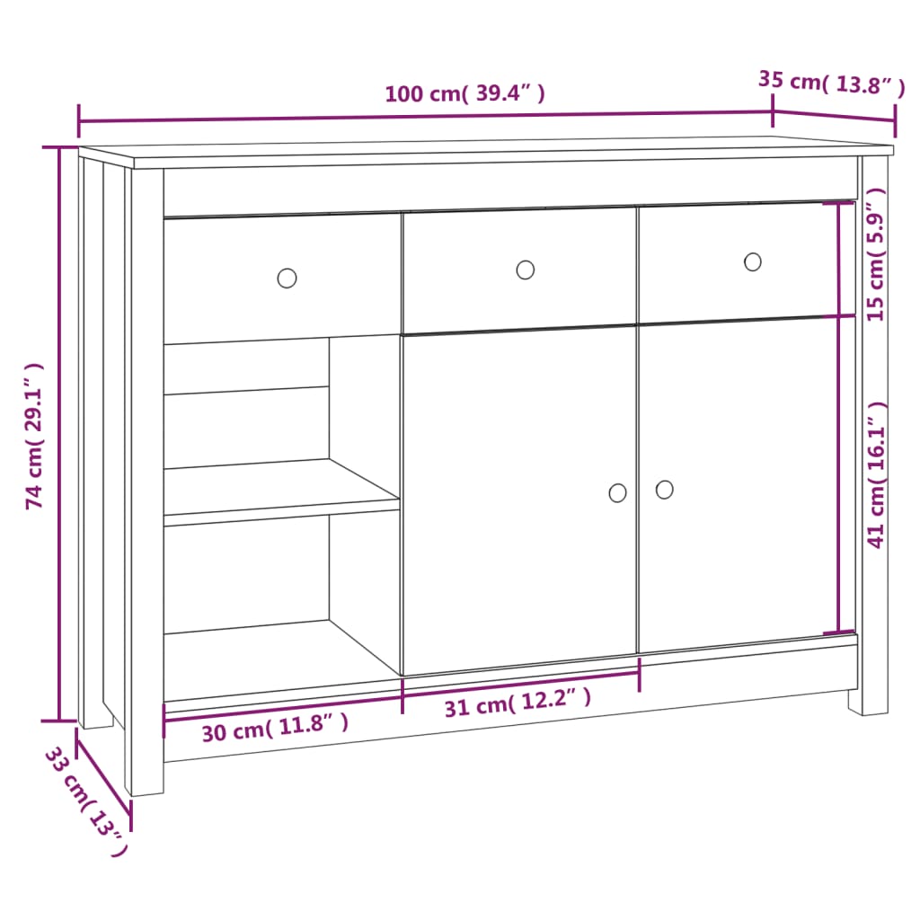 Grey Sideboard 100x35x74 cm Solid Pine Wood