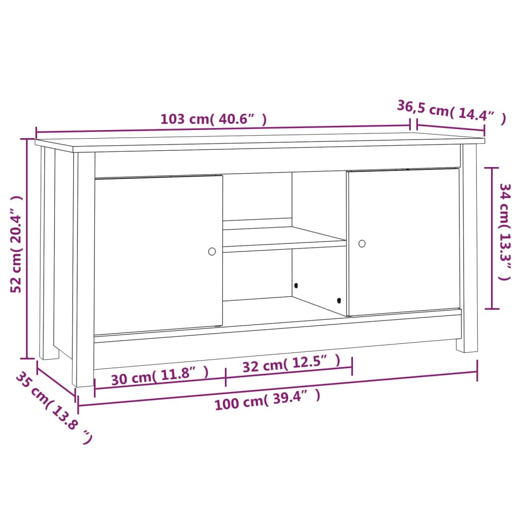 Meuble TV Blanc 103x36,5x52 cm Bois de pin massif