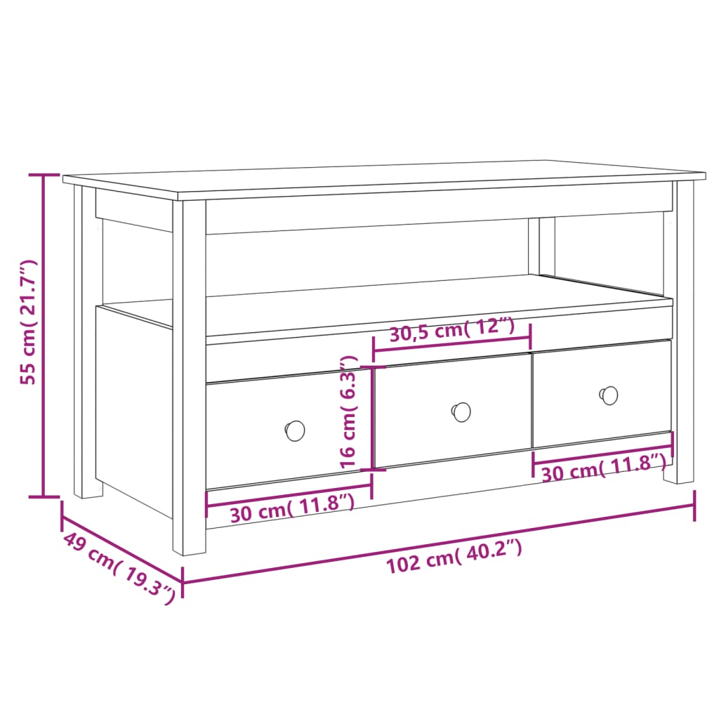 Couchtisch Weiß 102x49x55 cm Massives Kiefernholz