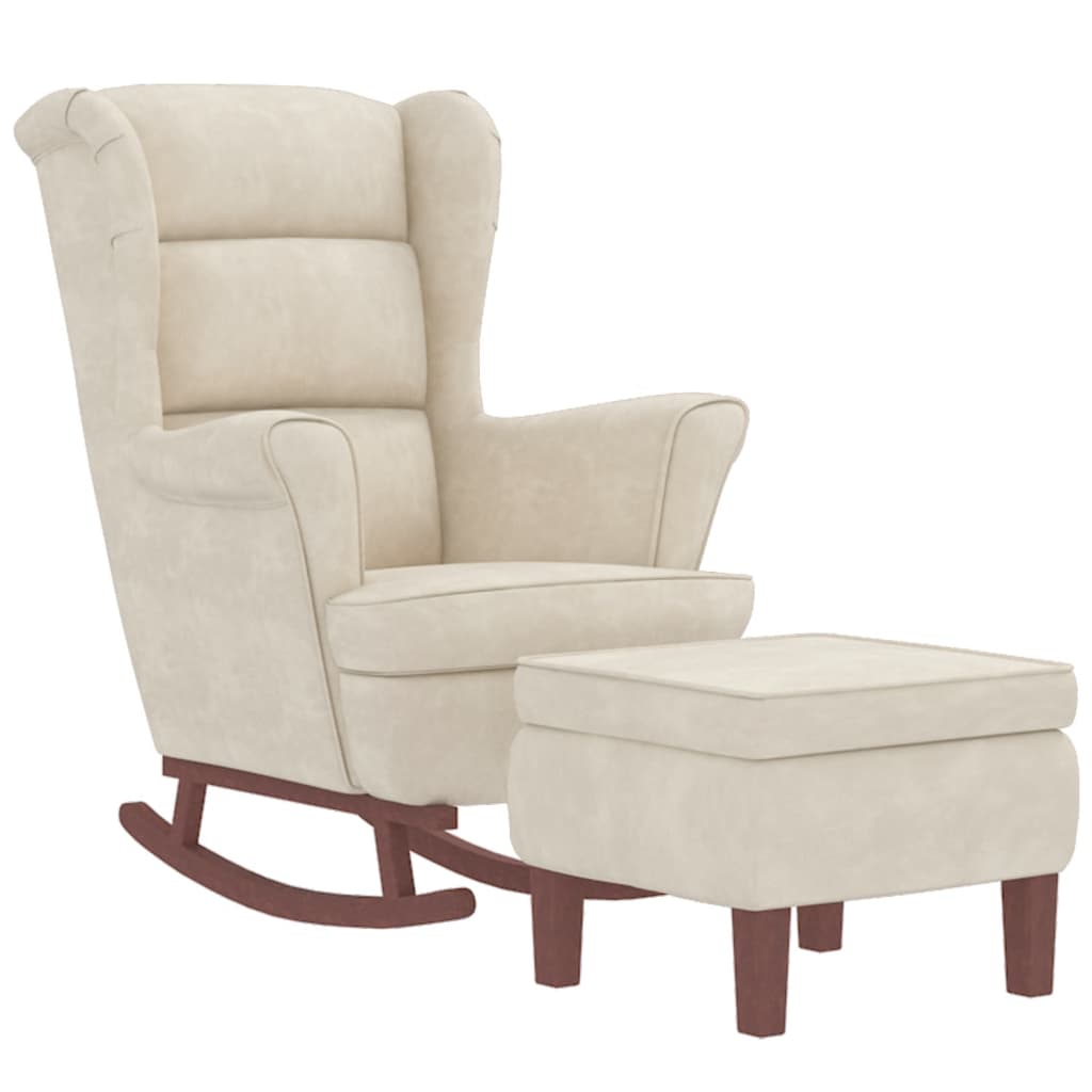 Rocking chair with wooden legs and stool Cream Velvet