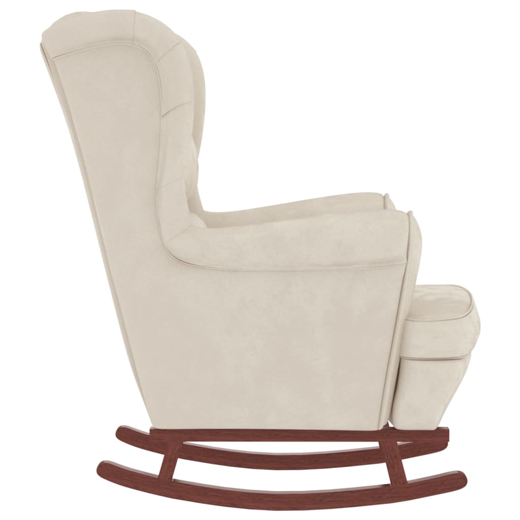 Rocking chair with wooden legs and stool Cream Velvet