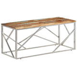 Table basse argenté inox et bois de récupération massif