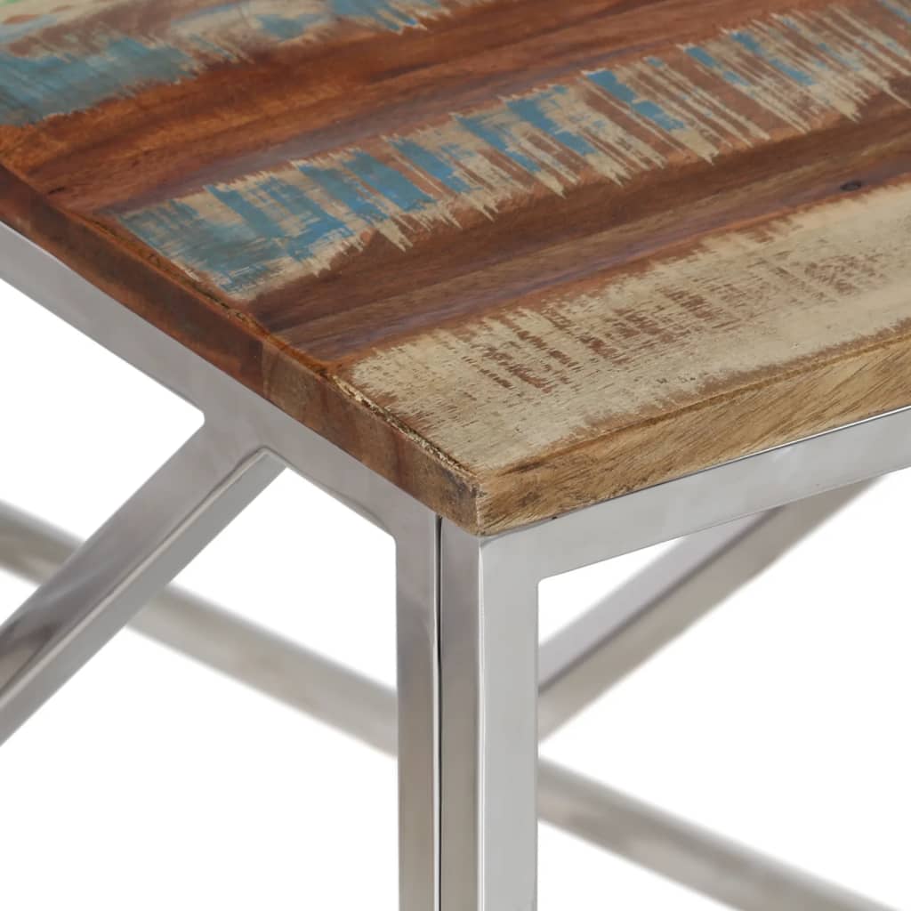 Table basse argenté inox et bois de récupération massif