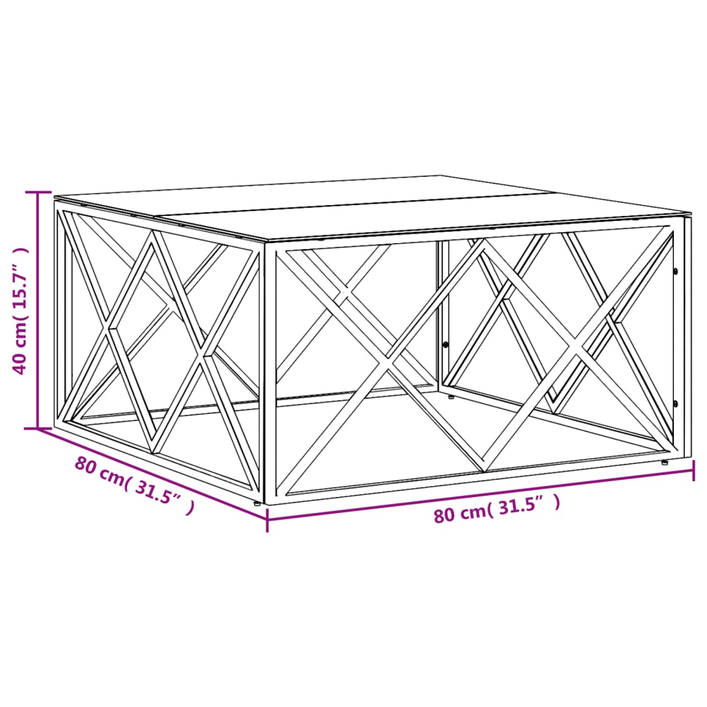 Silberner Couchtisch 80x80x40 cm aus Edelstahl und Glas