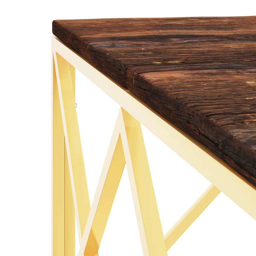 Table basse doré acier inoxydable et bois massif récupération