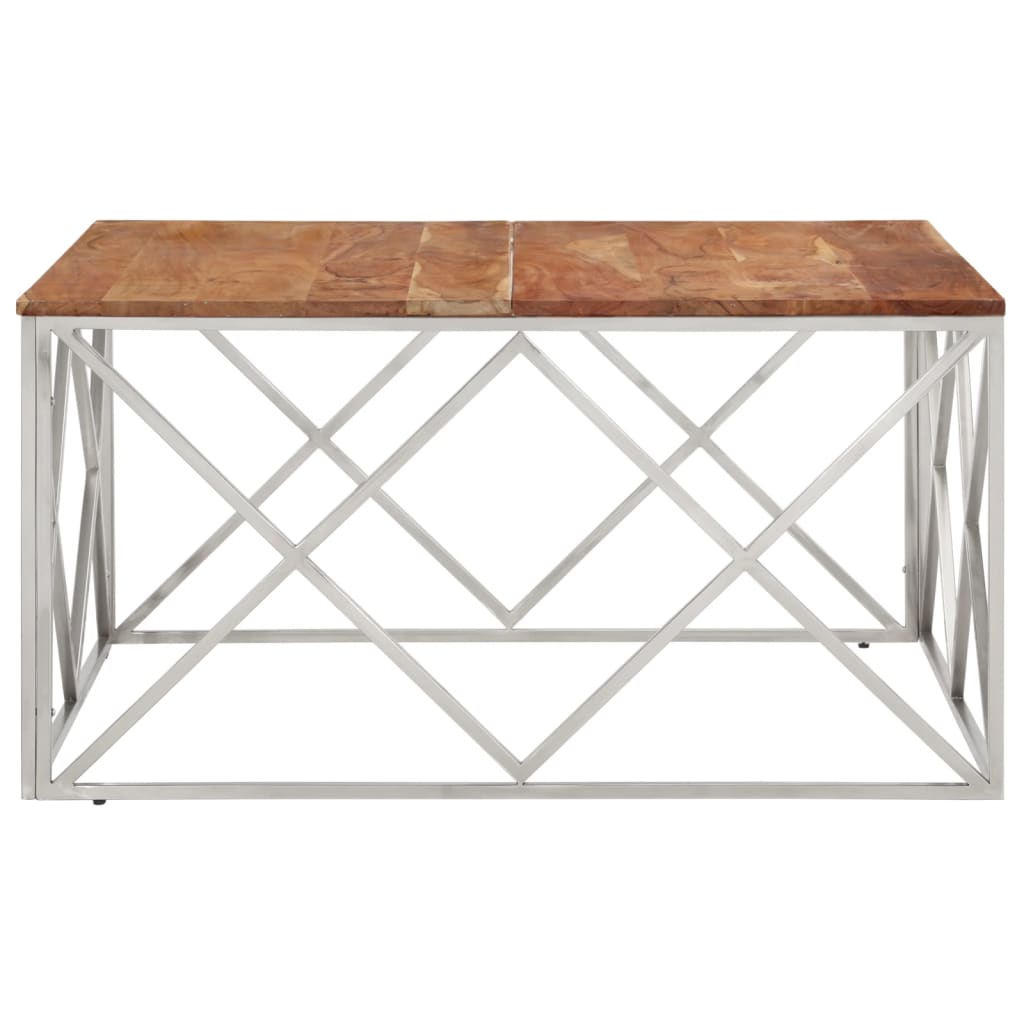 Silver coffee table stainless steel and solid acacia wood