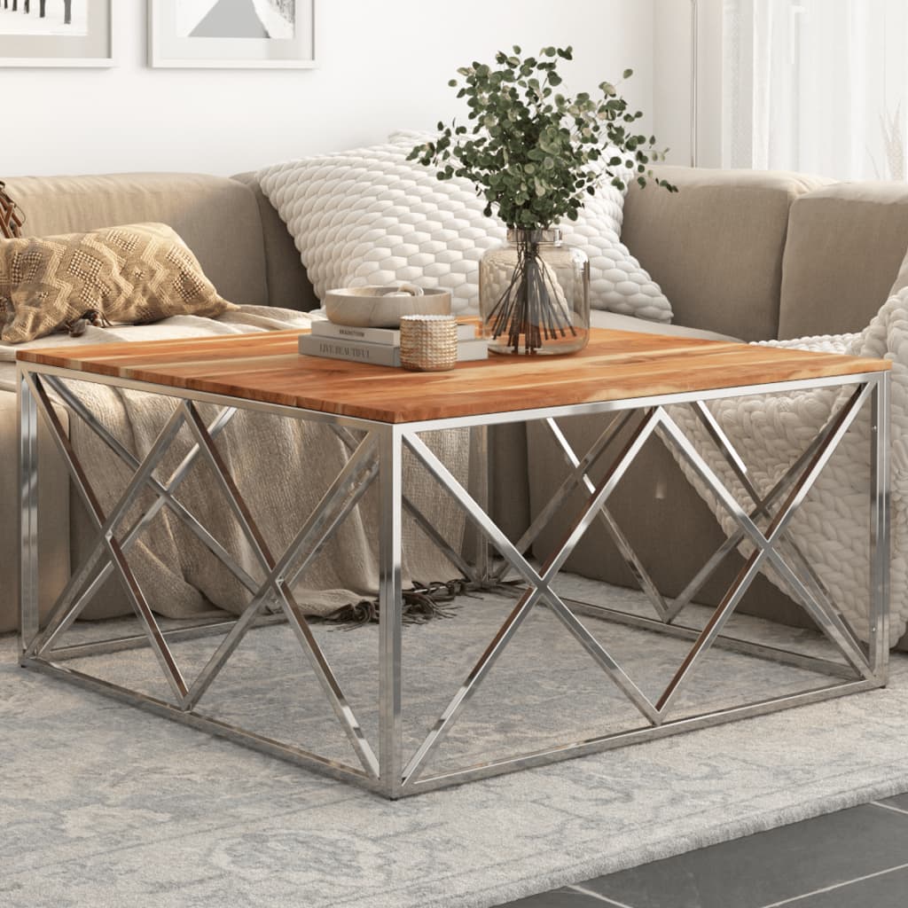 Silver coffee table stainless steel and solid acacia wood