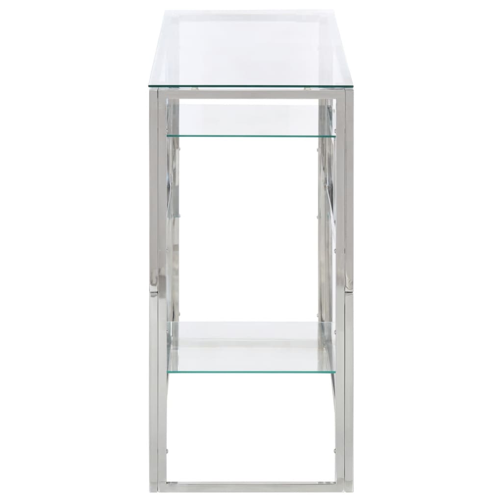 Table console argenté acier inoxydable et verre trempé