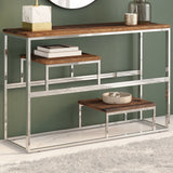 Silver stainless steel and solid larch wood console table