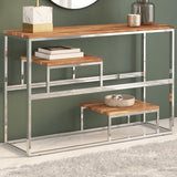 Silver console table stainless steel and solid acacia wood